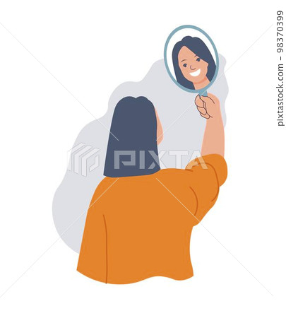 Woman looking at mirror reflection and smiling 98370399