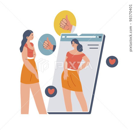 Woman looking at mirror reflections, thumbs up 98370401