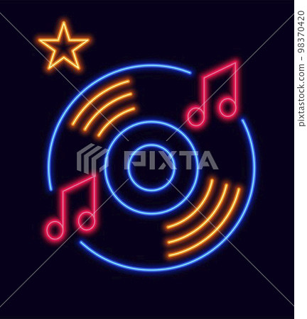 Neon sign for night club, vinyl plate and music Neon sign for night club, vinyl plate and music 98370420