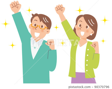 兩男一女舉起右手擺出膽量姿勢閃閃發光 98370796