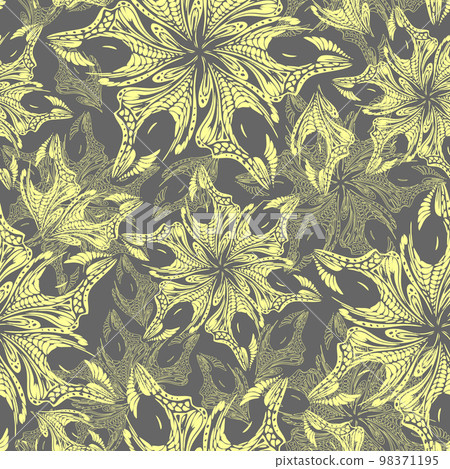 seamless yellow openwork pattern of abstract decorative elements on a gray background, texture, design seamless yellow openwork pattern of abstract decorative elements on a gray background, texture, design 98371195