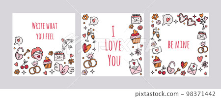Vector set of valentines day cards,social posts with symbols in doodle style 98371442