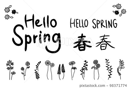 你好春天,春天。插圖集的手寫字母和鮮花。日本春天的人物。 (單色) 你好春天,春天。插圖集的手寫字母和鮮花。日本春天的人物。 (單色) 98371774