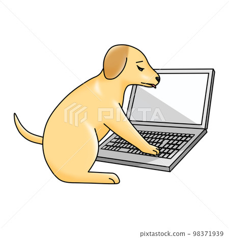 一隻棕色的小狗（拉布拉多獵犬）用筆記本電腦表情困擾 98371939