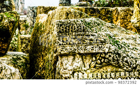 Part of Great Colonnade at Apamea in fog, partially destroyed now , Syria 98372392