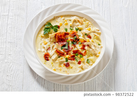 Chicken Corn Chowder in bowl, top view Chicken Corn Chowder in bowl, top view 98372522