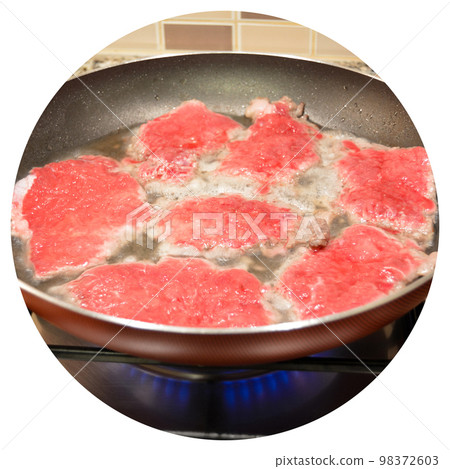 Fresh red cow tenderloin frying in pan on stove, homemade food 98372603