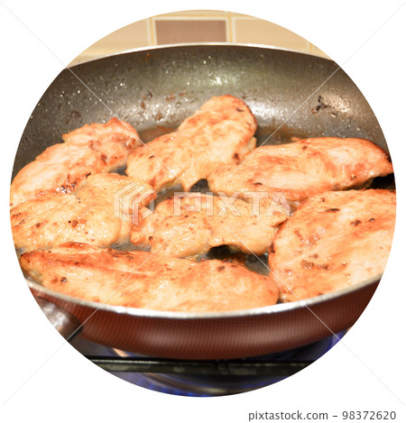 Fresh chicken steak frying in pan on stove, homemade food 98372620