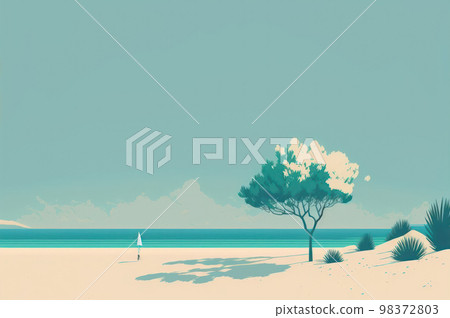 Minimal summer beach landscape with copy space blue sky background. Illustration graphic design 98372803