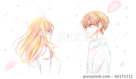 A man and a woman staring at each other in a cherry blossom storm 98373312