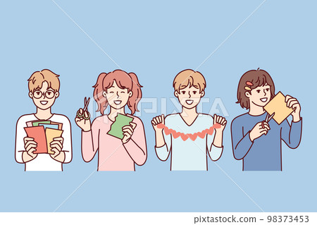 Happy boys and girls with scissors create applications from multi-colored paper. Vector image 98373453