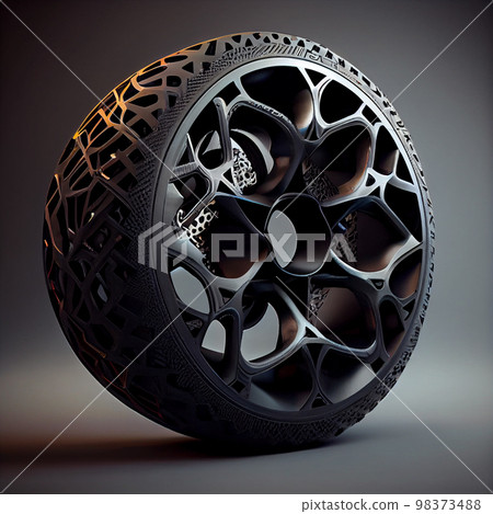 Black car wheel with carbon fiber barrel showing the weave Black car wheel with carbon fiber barrel showing the weave 98373488