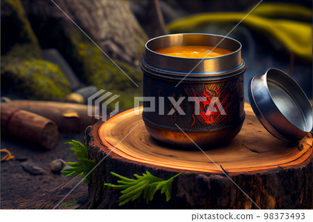 Fine breakfast in summer camp with mountain on background. Fine breakfast in summer camp with mountain on background. 98373493