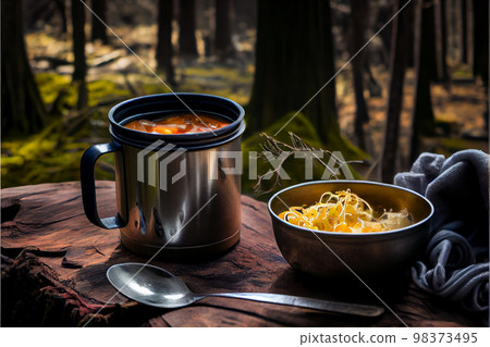 Fine breakfast in summer camp with mountain on background. Fine breakfast in summer camp with mountain on background. 98373495