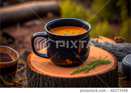 Fine breakfast in summer camp with mountain on background. Fine breakfast in summer camp with mountain on background. 98373496