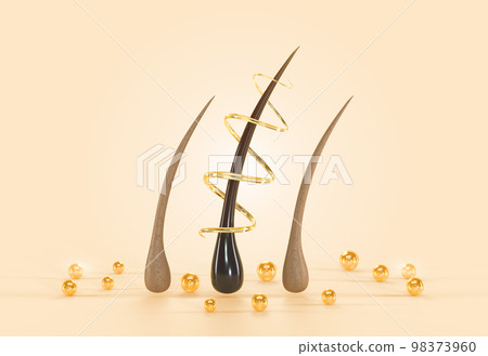 Hair care treatment mockup banner 3d render. Repair hair follicle with liquid oil spiral, keratin or serum on beige background with golden pearls. Cosmetics product or shampoo ad 98373960