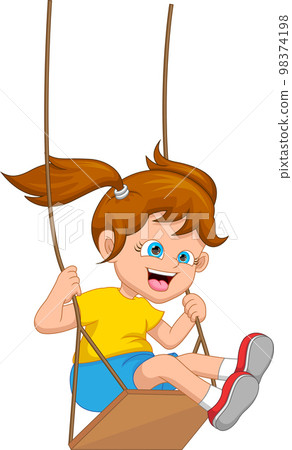 cartoon happy girl playing the swing 98374198