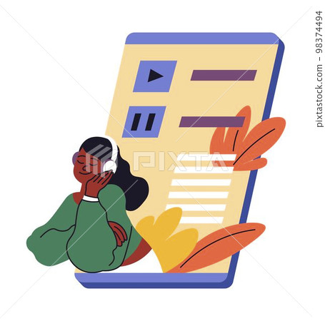 Listening to music online with smartphone vector Listening to music online with smartphone vector 98374494