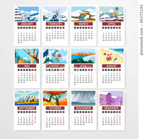 Calendar with dates and days, landscapes vector 98375193