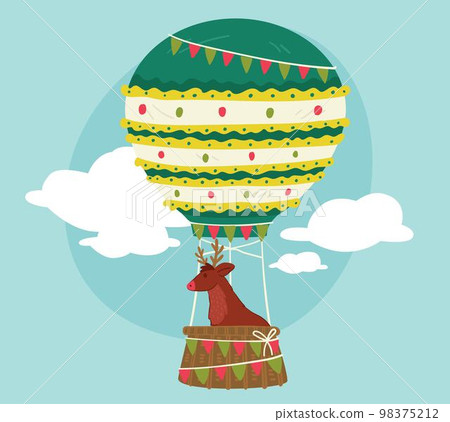 Christmas balloon with flags, reindeer in carriage Christmas balloon with flags, reindeer in carriage 98375212