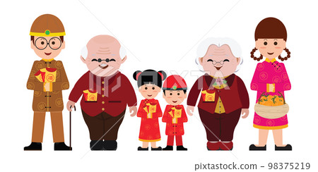 Chinese cartoons family with Red Envelopes isolated on white background. 98375219