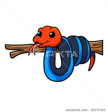 Cute red headed krait snake cartoon on tree branch 98375363