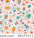 Bugs, leaves and flowers seamless pattern 98375511