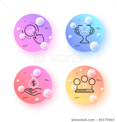 Income money, Video conference and Victory minimal line icons. 3d spheres or balls buttons. Graph chart icons. For web, application, printing. Savings, Remote business, Championship prize. Vector 98375664