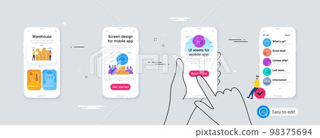 Outline set of Medical mask, Volunteer and Edit user line icons for web application. Phone ui interface. Include Biometric eye, Time management, Fever icons. Vector Outline set of Medical mask, Volunteer and Edit user line icons for web application. Phone ui interface. Include Biometric eye, Time management, Fever icons. Vector 98375694