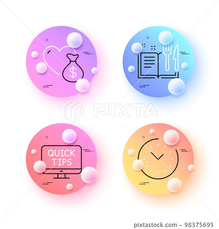 Recipe book, Donation and Web tutorials minimal line icons. 3d spheres or balls buttons. Time management icons. For web, application, printing. Food, Fundraising, Quick tips. Office clock. Vector Recipe book, Donation and Web tutorials minimal line icons. 3d spheres or balls buttons. Time management icons. For web, application, printing. Food, Fundraising, Quick tips. Office clock. Vector 98375695