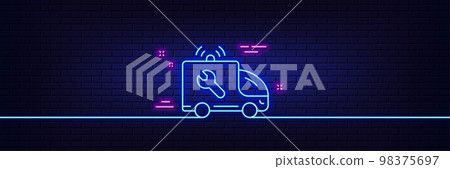 Neon light glow effect. Spanner tool line icon. Car repair service sign. Fix instruments symbol. 3d line neon glow icon. Brick wall banner. Car service outline. Vector 98375697