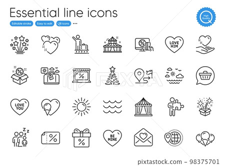 Circus tent, Journey and Puzzle line icons. Collection of Waves, Love you, Sale icons. Fireworks, Ice cream, Love letter web elements. Hold heart, Sleep, Discount offer. Online shopping. Vector Circus tent, Journey and Puzzle line icons. Collection of Waves, Love you, Sale icons. Fireworks, Ice cream, Love letter web elements. Hold heart, Sleep, Discount offer. Online shopping. Vector 98375701