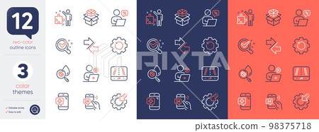 Set of Video conference, Chemistry lab and Medical phone line icons. Include Strategy, 24h service, Packing boxes icons. Gps, Online discounts, Water analysis web elements. Recovery gear. Vector 98375718