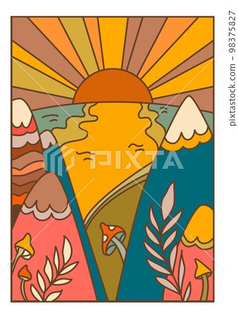 Fantasy cartoon landscape with sunrise and valley 98375827