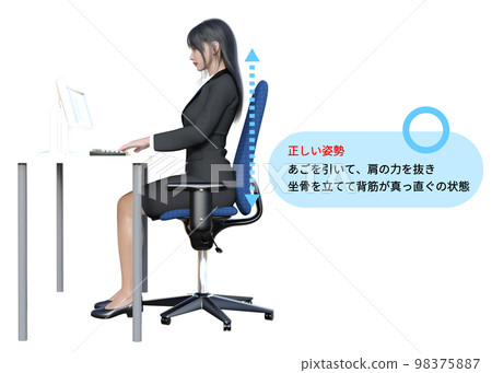 使用電腦時的正確姿勢說明 全身側向的 3D 模型女性插圖 98375887