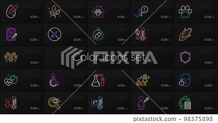 Set of Fahrenheit thermometer, Capsule pill and Medical tablet line icons. Include Disability, No vaccine, Bio shopping icons. Dog paw, People vaccination, Healthy face web elements. Vector 98375898