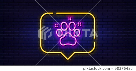Neon light speech bubble. Pet friendly line icon. Dog paw sign. Hotel service symbol. Neon light background. Pet friendly glow line. Brick wall banner. Vector 98376483
