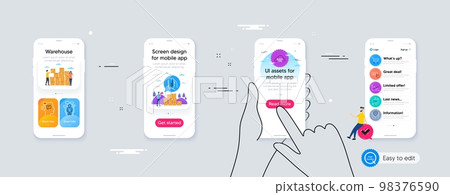 Outline set of Buy button, Voting campaign and Diagram chart line icons for web application. Phone ui interface. Include Messages, Safe time, Market sale icons. Vector 98376590