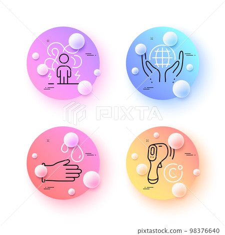 Rubber gloves, Difficult stress and Organic tested minimal line icons. 3d spheres or balls buttons. Electronic thermometer icons. For web, application, printing. Vector Rubber gloves, Difficult stress and Organic tested minimal line icons. 3d spheres or balls buttons. Electronic thermometer icons. For web, application, printing. Vector 98376640