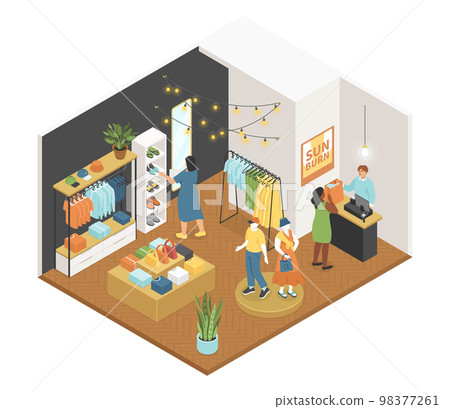 Clothing shop - modern vector colorful isometric illustration Clothing shop - modern vector colorful isometric illustration 98377261