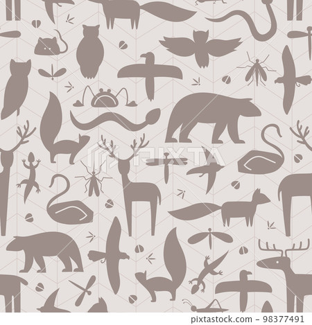 Brown shape of wild forester animals vector seamless pattern. Can use for fabric, web background. Brown shape of wild forester animals vector seamless pattern. Can use for fabric, web background. 98377491