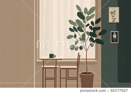 Minimal art hand drawn of cafe coffee shop with plant background Minimal art hand drawn of cafe coffee shop with plant background 98377607