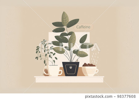 Minimal art hand drawn of cafe coffee shop with plant background 98377608