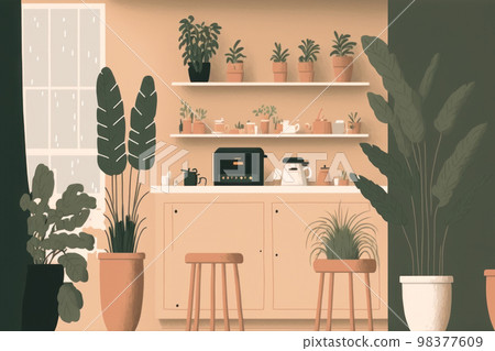 Minimal art hand drawn of cafe coffee shop with plant background Minimal art hand drawn of cafe coffee shop with plant background 98377609