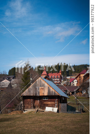 Ukrainian karpaty mountains landscape. Spring in carpathian village. Ukrainian karpaty mountains landscape. Spring in carpathian village. 98377922