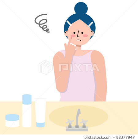 Illustration of a woman with a troubled face with acne in the washroom 98377947