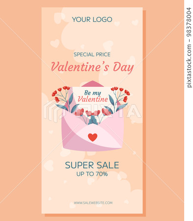 Valentine's Day vertical Super Sale banner template design. Pink open envelop, words Love You red flowers green leaves beige backdrop. Special Price concept online shopping decorative clouds hearts. Valentine's Day vertical Super Sale banner template design. Pink open envelop, words Love You red flowers green leaves beige backdrop. Special Price concept online shopping decorative clouds hearts. 98378004