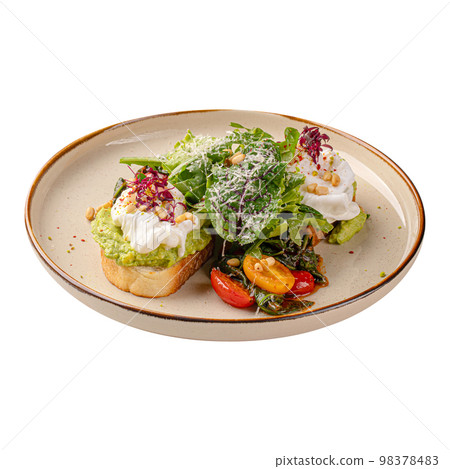 Portion of avocado toast with poached egg 98378483