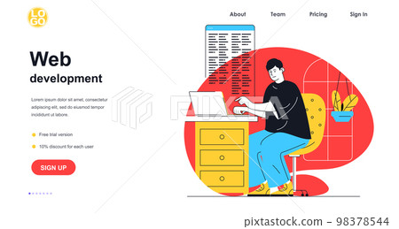 Web development web banner concept. Man works with code on laptop, tests and optimizes page, customizes and programming, landing page template. Vector illustration with people scene in flat design Web development web banner concept. Man works with code on laptop, tests and optimizes page, customizes and programming, landing page template. Vector illustration with people scene in flat design 98378544