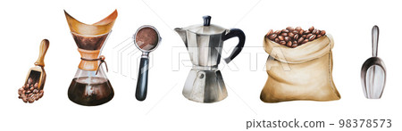 Watercolor illustration set for making coffee. Include geyser coffee maker and chemex, jute coffee bag. Hand painting on a white isolated background. For designers, menu, shop, bar, bistro, restaurant Watercolor illustration set for making coffee. Include geyser coffee maker and chemex, jute coffee bag. Hand painting on a white isolated background. For designers, menu, shop, bar, bistro, restaurant 98378573